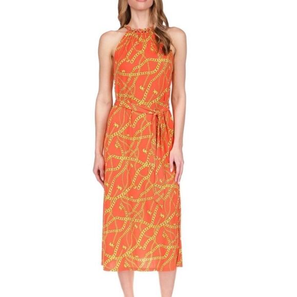 MK Dress Chain Neck NEW With TAGS Chain Print Slit Side Slinky Long Gold Size XS - Picture 1 of 4
